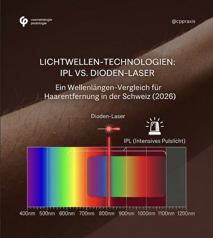 Comparison graphic showing IPL versus diode laser hair removal wavelengths and light spectrum technology for hair removal treatments in Switzerland