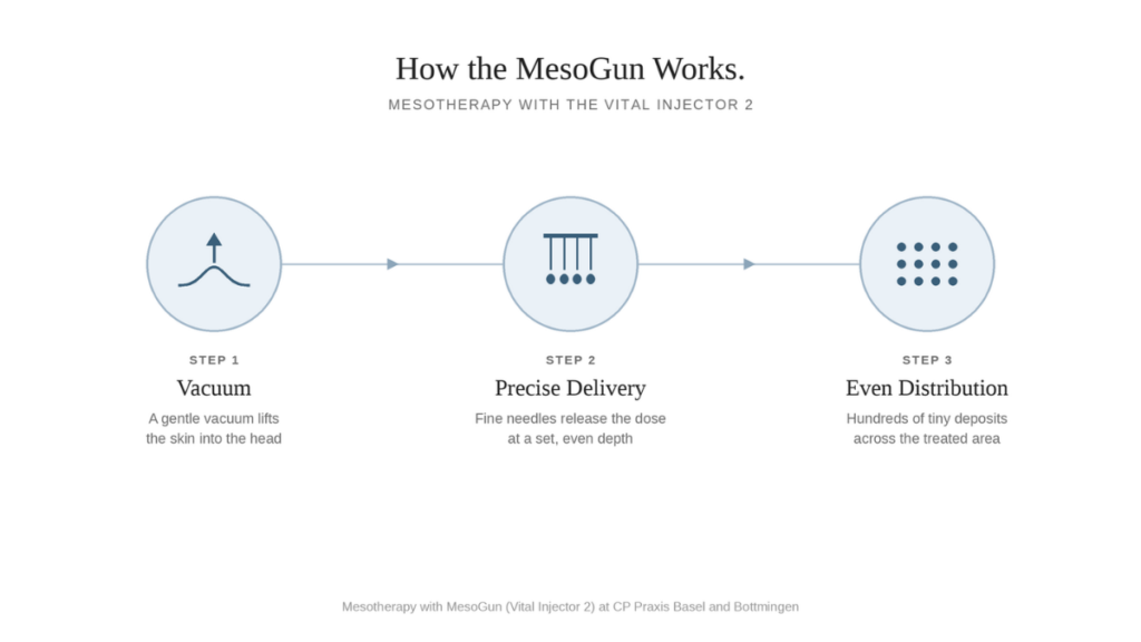 Schema zur Funktionsweise der MesoGun Vital Injector 2: Vakuum, präzise Abgabe und gleichmässige Verteilung der Wirkstoffe