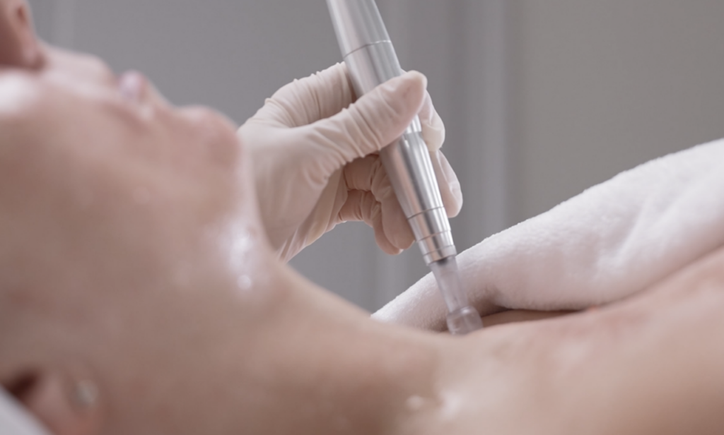 Professional microneedling treatment with the Swiss dermaneed device at CP Praxis Basel